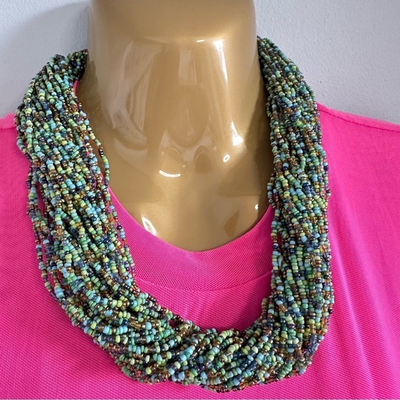 Glass seed-bead multi strand necklace in blue, green bronze lobster clasp 5309 L - Picture 4 of 16